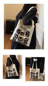 Grand sac cabas en toile mignon imprime chat noir sac a bandouliere decontractee etudiant