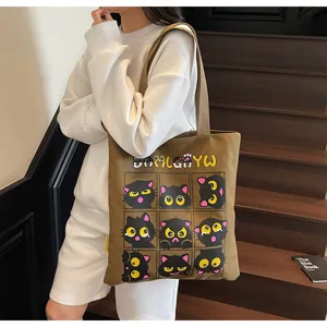 Grand sac cabas en toile mignon imprime de chat noir sac epaule decontracte pour etudiants