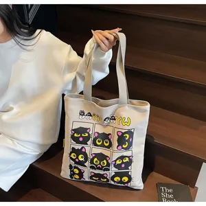 Grand sac cabas en toile mignonne impression chat noir sac d epaule tendance etudiant