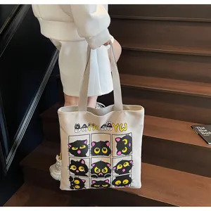 Grand sac cabas en toile mignon imprime chat noir sac porte epaule casual pour etudiant