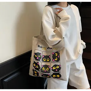 Grand sac cabas en toile tendance mignon imprimé chat noir sac porté épaule pour étudiants