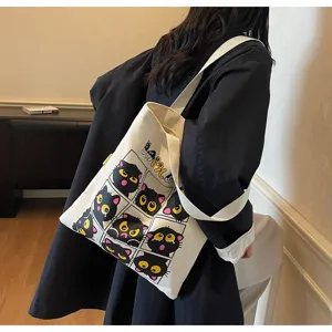 Grand sac cabas en toile mignon imprimé chat noir sac à bandoulière pour etudiant quotidien