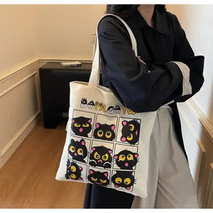 Sac cabas en toile avec imprimé de chat noir, grand sac d'épaule décontracté pour étudiants.