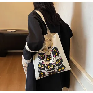 Grand sac cabas en toile grande capacite impression chat noir mignon sac a epaule