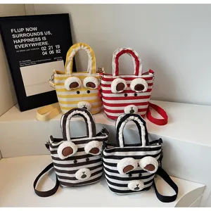 Cute striped canvas tote bag with plush bear ears, casual shoulder handbag for women daily.