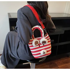 Korean style red white striped canvas tote bag, cute bear plush crossbody shoulder bag.