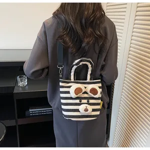 Women Black White Striped Canvas Crossbody Bag Cute Bear Tote Bag Casual Shoulder
