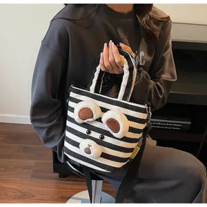 Canvas striped tote bag with cute plush bear design, casual shoulder and handbag for women.