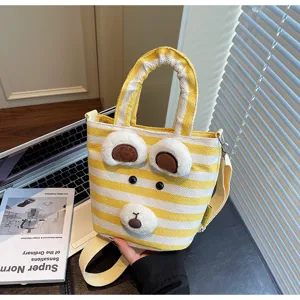 Korean style striped canvas tote bag with cute plush bear design for casual commuting daily use.