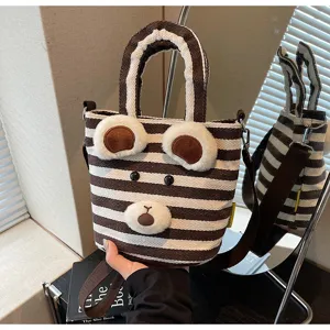 Brown white striped plush bear crossbody shoulder tote bag, casual cute autumn design.