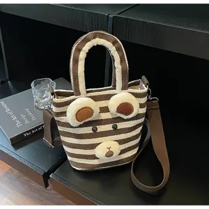 Brown white striped canvas tote bag with cute bear ear design, casual crossbody bag for women.