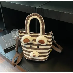 Cute brown striped canvas tote bag with plush bear ears, casual shoulder handbag for women.