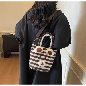 Autumn winter women striped shoulder bag cute bear plush tote crossbody casual daily handbag