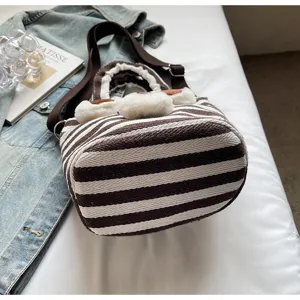 Autumn winter striped fuzzy tote bag casual canvas shoulder crossbody handbag for women daily