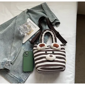 Autumn winter cute bear striped canvas shoulder bag casual crossbody tote handbag for women