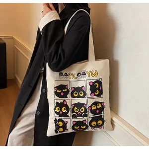 Sac cabas en toile avec imprimé chat noir mignon, sac à épaule tendance pour le quotidien.