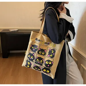 Sac cabas en toile pour femme grande capacite sac a epaule imprime chat noir mignon loisir