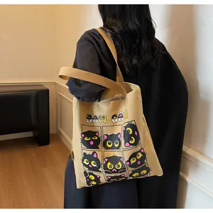 Grand cabas en toile mignon imprimé chat noir sac d'épaule fourre-tout étudiant décontracté