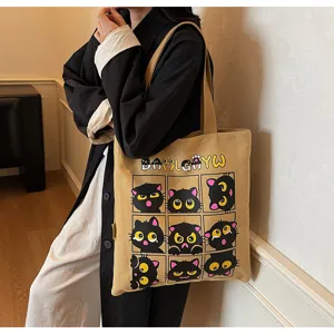 Sac cabas en toile élégant avec imprimé chat noir mignon, idéal pour étudiants et usage quotidien.