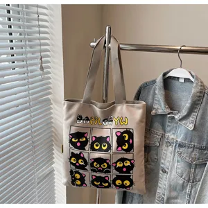 Grand sac cabas en toile, imprimé chat noir mignon sac bandoulière décontracté pour le quotidien.