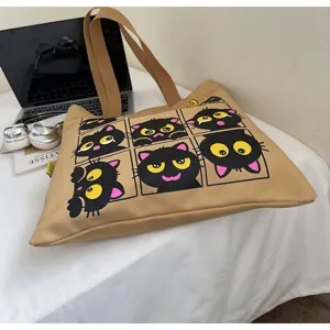 Grand sac cabas en toile mignon imprimé chat noir sac porté épaule décontracté pour les cours