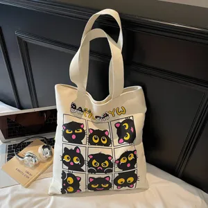 Grand Sac Cabas en Toile de Grande Capacité Mignon Imprimé Chat Noir Sac Bandoulière Sac à Main Casual pour Femmes Étudiante