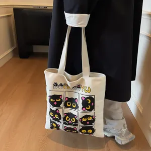 Grand sac cabas en toile avec imprimé chat noir mignon sac d'épaule décontracté étudiant