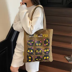 Sac cabas en toile avec chat noir mignon, grand sac d'épaule décontracté pour le quotidien
