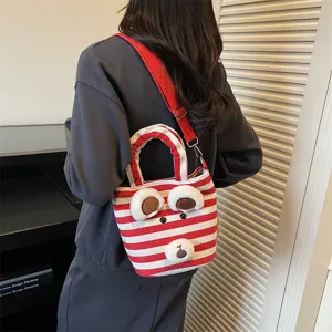Autumn winter korean style striped canvas shoulder crossbody tote bag with cute bear design