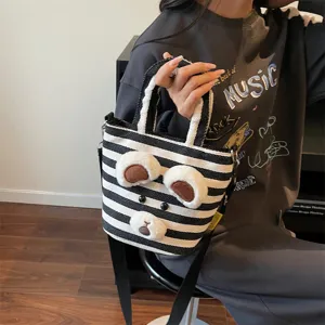 Cute striped canvas tote bag with 3d plush bear ears casual shoulder handbag for women