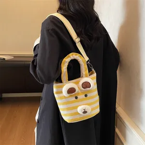 Autumn winter women Korean minimalist striped canvas shoulder crossbody tote bag with bear.