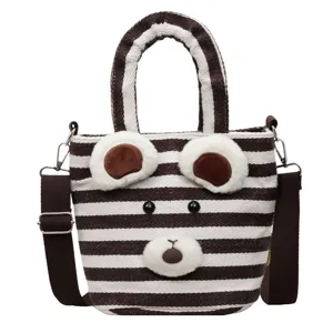 Cute striped canvas shoulder bag with plush bear ears, casual crossbody tote for women.