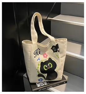 Sac cabas en toile japonaise mignon imprimé chat noir sac bandoulière décontracté quotidien.