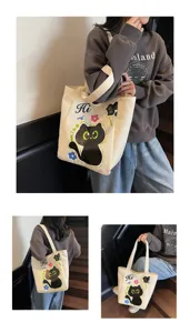 Sac cabas en toile japonais joli chat noir sac à bandoulière sac à main décontracté