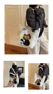 Sac cabas en toile japonais mignon dessin animé chat noir sac à bandoulière quotidien