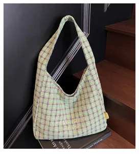 Vintage green plaid tweed hobo shoulder bag, casual chic underarm tote with letter embroidery.