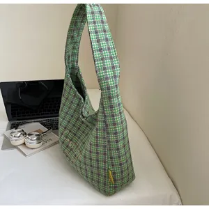 Green plaid wool hobo shoulder bag autumn winter casual retro commuting underarm bag
