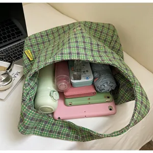 Green houndstooth plaid tote bag winter wool shoulder bag large capacity casual commuting handbag