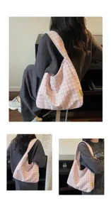 Autumn winter plaid hobo bag casual retro woolen underarm shoulder bag large capacity