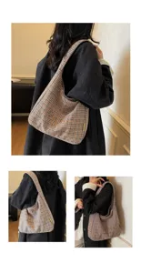 Autumn winter plaid shoulder bag, large capacity hobo tote bag, retro casual tweed purse.