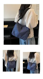 Detailed view of the casual blue plaid shoulder bag showing its stylish look and wear fit.