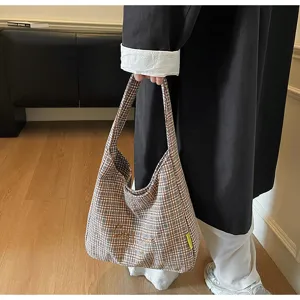 Autumn winter plaid hobo shoulder bag retro casual woolen large capacity commuter tote purse