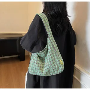 Green plaid woolen shoulder bag autumn winter casual large capacity retro underarm bag