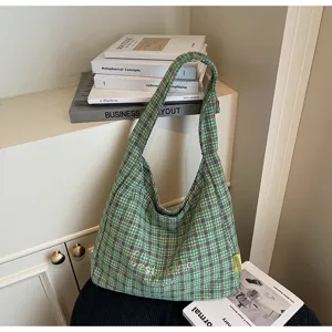 Green tweed plaid shoulder bag, retro casual large capacity hobo bag for autumn winter.