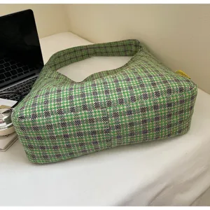 Autumn Winter Green Plaid Woolen Hobo Bag Large Capacity Retro Commuting Shoulder Bag
