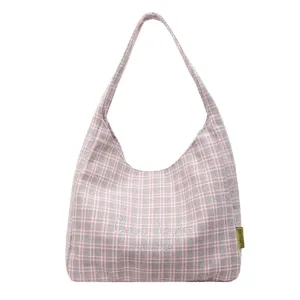 Pink plaid hobo shoulder bag casual fuzzy tote large capacity retro commuting tote bag for women