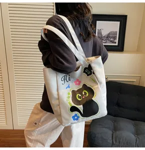 Sac cabas en toile style japonais mignon imprimé chat noir sac porté épaule décontracté.