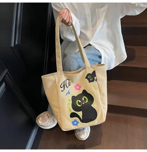 Sac cabas en toile style japonais mignon imprimé chat noir dessin animé sac d'épaule