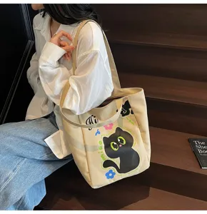Sac cabas en toile style japonais avec impression chat noir mignon, sac à épaule décontracté.