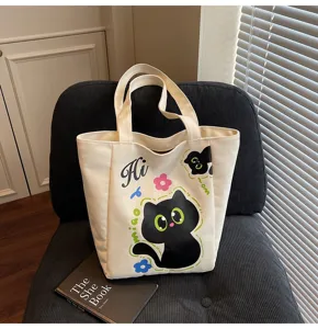 Sac cabas en toile style japonais, joli sac à épaule imprimé chat dessin animé voyage.